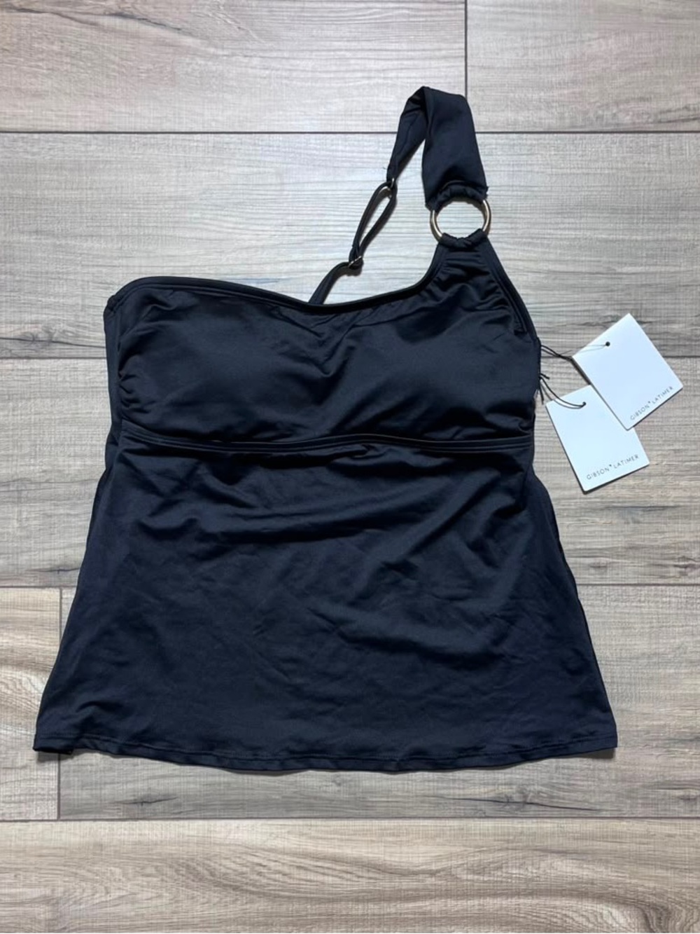 Gibson Latimer Womens One Shoulder Gold Colored Ring Swim Tankini XS Black